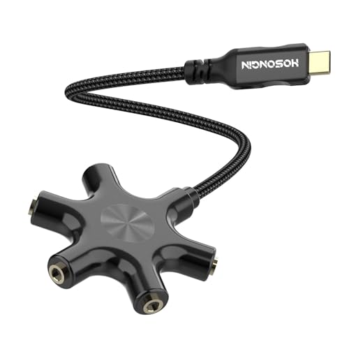 HOSONGIN USB-C Audio Splitter for 5 Headphones – USB C to 3.5mm Hi-Res DAC Adapter for MacBook, iPad Pro, Galaxy S24, Pixel – Travel, Classroom, Gaming Use – Share Audio with Friends