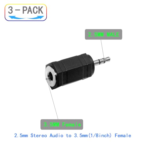 2.5mm to 3.5mm Audio Adapter, Female to Male Stereo Connector, 3-Pack, Black