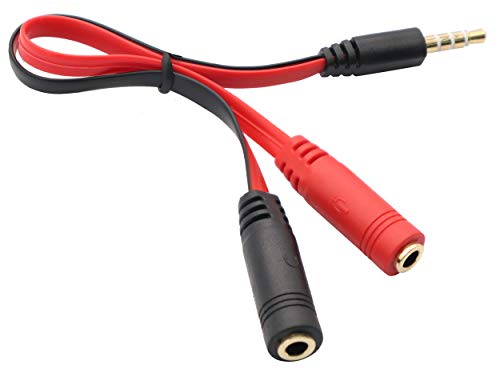 3.5mm Audio Y Splitter Cable 4-Pole 3.5mm AUX Male to 2x3.5mm Female Headset Mic & Stereo Y Splitter Cable for PC Computer Y Splitter Audio Flat Cable(20CM)(Red, Black) - color: Red, Black