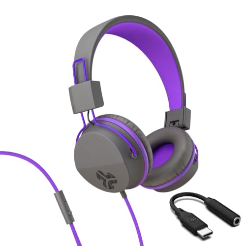 JLab, JBuddies Studio, Kids Wired on-Ear Headphones, Bundle with USB-C Adapter, Volume limiting, Foldable, Grey/Purple - color: Grey / Purple, size: Bundles