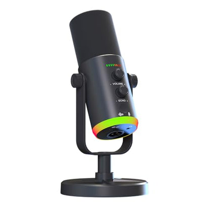 USB/XLR Desktop Dynamic Microphone with RGB Lighting, Noise Reduction, Mute Button & Headphone Jack - Podcast, Gaming, Streaming Mic for PC & Computer (Black) - color: Black