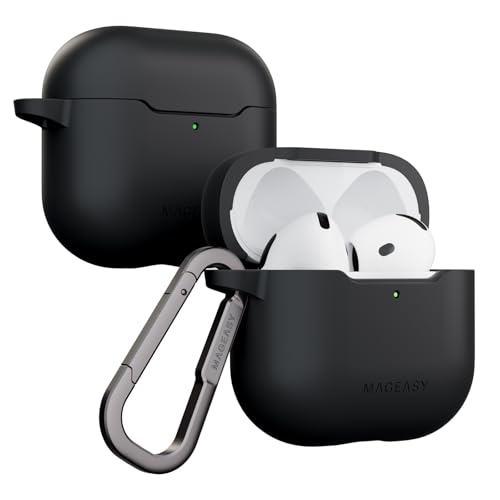 MAGEASY Skin Case for AirPods 4 (2024) with Carabiner Clip, Shockproof Protective TPU AirPods 4th Generation Cover, Stain-Resistant, Smooth Soft-Touch, Wireless Charging Compatible (Black) - color: Black, size: AirPods 4