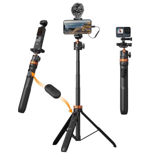 K&F CONCEPT 62'' Phone Selfie Stick Tripod | 360° Ball Head Camera Tripod with Remote, 2-in-1 Phone Holder Compatible with DJI Osmo Pocket 4/3 Insta360 Luna Ultra. MS08 - color: Black