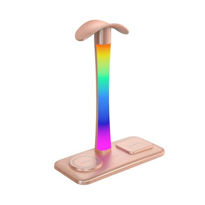 Headphone Stand with Wireless Charger,Gaming Headset stand with RGB Light Mode,For Airpod Max Stand Compatible with Airpod Pro/3/2,For iPhone 17/16/15/14/13/12/11,Gifts for Gamers & Music Lover (Gold) - color: Gold