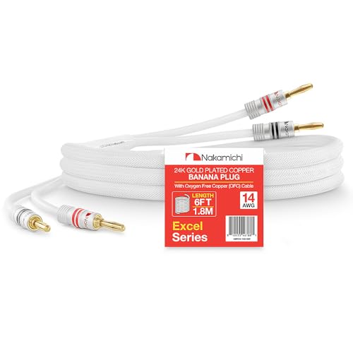 Nakamichi 24k Gold Plated Banana Plugs with 14 AWG Speaker Cable 99.9% OFC | Oxygen-Free Copper, Excel Series, Heavy Duty Braided for Amplifier Receiver Hi-Fi Stereo Audio Wire - White (6 feet / 1.8m) - color: White (14 AWG), size: 6-Feet (1.8m)