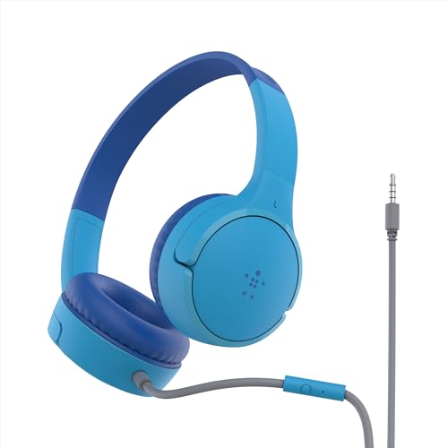 Belkin SoundForm Mini Wired Kids Headphones, On Ear, 3.5mm | Toddler headphones, built-in mic, 85dB safe volume limit, durable design, online learning, classroom, travel - color: Blue, style: Wired