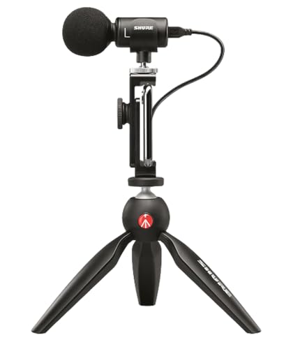 Shure MV88+ USB-C Video Kit Stereo Condenser Microphone | Stereo condenser mic for Apple and Android with Manfrotto PIXI tripod, phone clamp, and iOS and USB-C cables - size: Compact, style: MV88+ Wired KIT