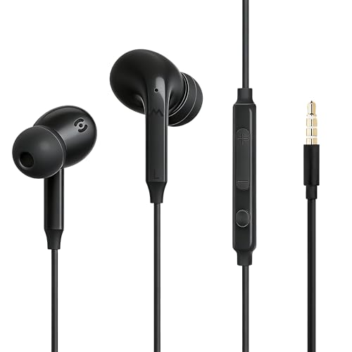 MAS CARNEY Wired Earbuds with 3.5mm AUX Plug, in-line Mic & Volume Control | Wired Headphones with S/M/L Silicone Tips & Universal Compatibility – Ideal for School, Plane, Gaming, Computers & Tablets - color: Black