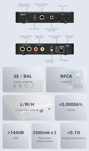 Topping A50 III NFCA Headphone amp Pre-Amplifier - SE/BAL Input 6.35mm Single-dended 4.4mm Balanced Jack 3500mW x2 Powerful Output (A50III Black) - color: A50III BLACK