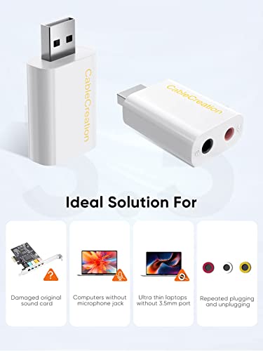 CableCreation USB Audio Adapter,External Sound Card with 3.5mm Jack and Mic | USB Stereo Adapter with 3.5mm Headphone and Microphone Jack for Windows, Mac, Linux, PC, PS4, Laptops, Plug and Play, White - color: White, size: 1-Pack