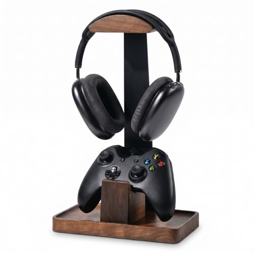 Damuzhi Walnut Wood Headphone Stand with Gaming Controller Holder | Headphone Stand with gifts for gamers, Gaming Accessories for Desk Compatible As Well As Xbox, Ps5, Ps4 And Nintendo Switch