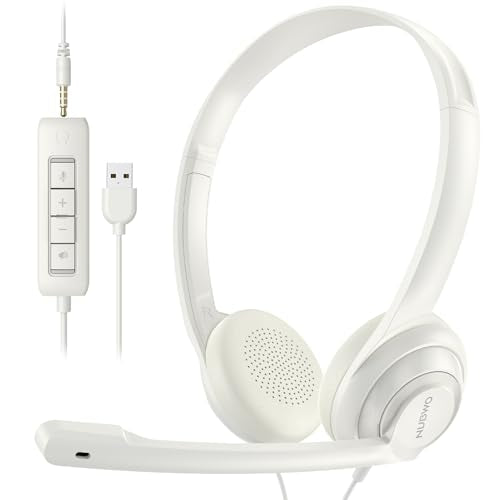 NUBWO HW02 USB Computer Headset with Clear Chat Microphone, Lightweight On-Ear Wired Headset for MS Teams, Skype, Webinars, Call Center and More -White | Lightweight On-Ear Wired Headset for MS Teams, Skype, Webinars, Office Call Center and More (White) -