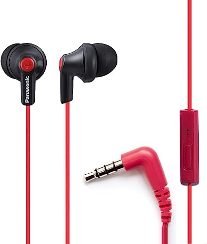 Panasonic ErgoFit Wired Earbuds with Microphone, 3.5mm Jack Headphones with Mic and Call Controller, Ergonomic Custom-Fit Earpieces (S/M/L), for Phones and Laptops - RP-TCM125-KB (Matte Black/Red) - color: Matte Black/RED, style: With Mic