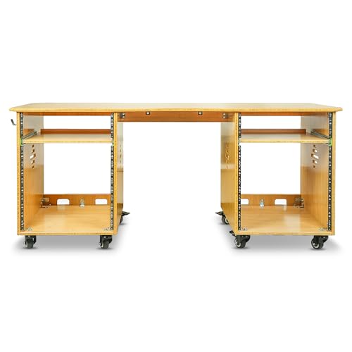 Sound Town Studio Desk Workstation with Dual 13U Side Rack Cabinets, Slide-Out Trays, Casters, for Recording Rooms and Home, Solid Carbonized Bamboo (SDRK-WS69CB) - size: 2X13U(3U Top+10U Lower),Carbonized Bamboo