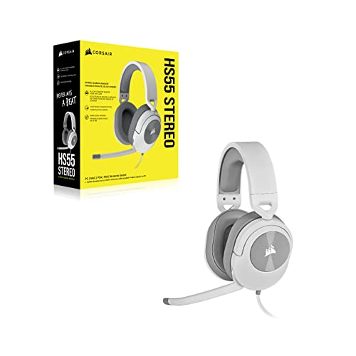Corsair HS55 Stereo Gaming Headset (Leatherette Memory Foam Ear Pads, Lightweight Construction, Omni-Directional Microphone, Multi-Platform Compatibility with Included Y-Cable Adapter) White (Renewed)