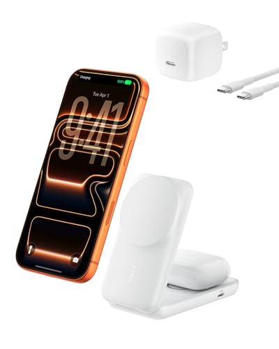 Belkin Qi2.2 25W Wireless 2 in 1 Foldable Fast Charging Station for iPhone | Fast Charging, MagSafe Compatible, iPhone 17/16/15, AirPods, Travel Charger, Magnetic - color: White