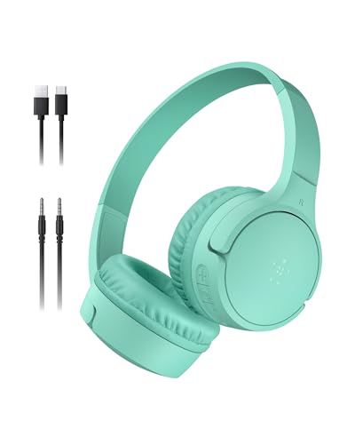 Belkin SoundForm Mini Bluetooth Kids Headphones, On Ear, 30H Battery Life | Toddler headphones, 85dB volume limiter, built-in mic, wired connection option, iPad, Android tablet, school - color: Mint, style: Wireless (USB-C)
