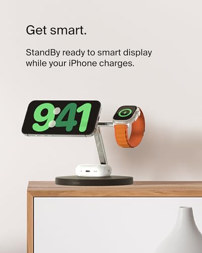 Belkin MagSafe 3 in 1 Wireless Charging Stand, 2nd Gen, 33% Faster | Apple Watch, iPhone 16/15/14, AirPods compatible, multi-device charging station, faster charging, Magnetic - color: Black, style: Chrome Finish