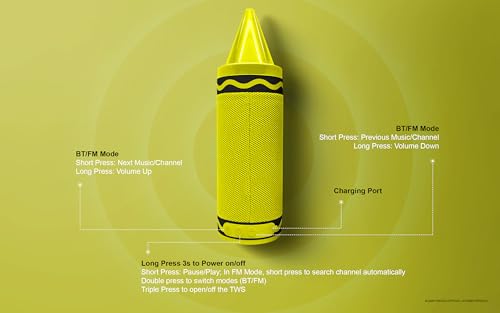 Crayola Kids Crayon Speakers Bluetooth, Portable Bluetooth Speakers | 20W Peak Power HD Sound, Mini Bluetooth Speaker Wireless with TWS Pairing BT 5.3, FM Radio Home/Party/Outdoor/Travel - color: Yellow