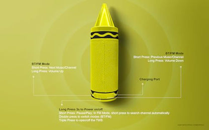 Crayola Kids Crayon Speakers Bluetooth, Portable Bluetooth Speakers | 20W Peak Power HD Sound, Mini Bluetooth Speaker Wireless with TWS Pairing BT 5.3, FM Radio Home/Party/Outdoor/Travel - color: Yellow