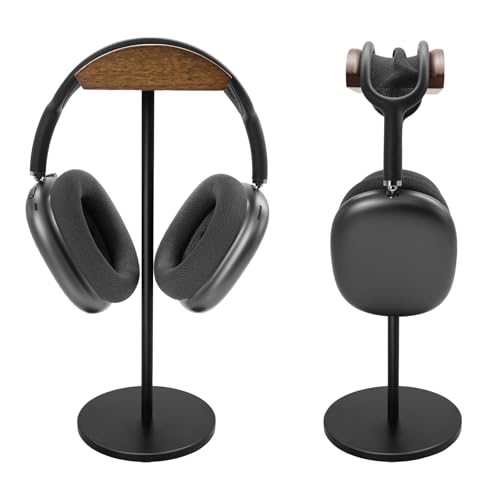 GEVO Headphone Stand for Desk, Walnut Wood & Aluminum Headset Stand, Universal Walnut Gaming Headset Holder with Solid Heavy Base for AirPod Max, Bose, Sony All Headphone Sizes (Circular Base)