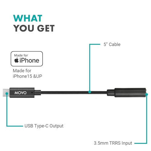 Movo Female 3.5mm TRRS Microphone Adapter Cable to USB-C Connector Dongle Compatible with Apple iPhone 15/16/17 and up, iPad Smartphones and Tablets - Optimized for Microphones/Pro Audio - size: 3.5mm TRRS to USB-C