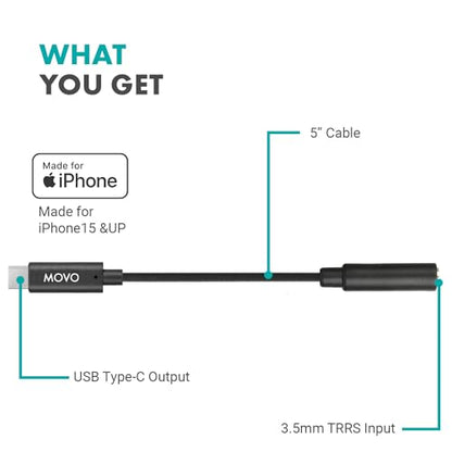 Movo Female 3.5mm TRRS Microphone Adapter Cable to USB-C Connector Dongle Compatible with Apple iPhone 15/16/17 and up, iPad Smartphones and Tablets - Optimized for Microphones/Pro Audio - size: 3.5mm TRRS to USB-C