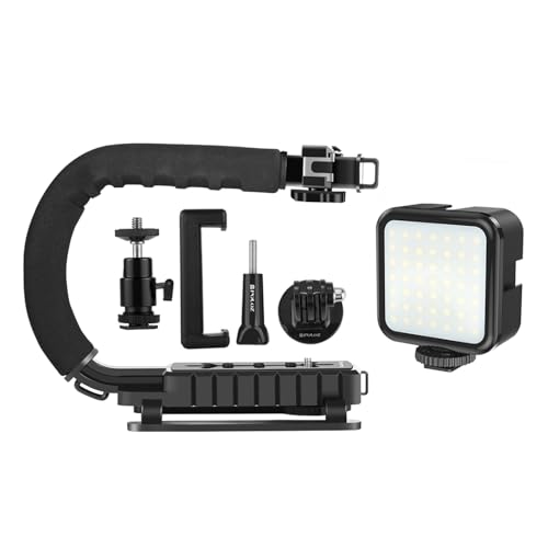 PULUZ U/C Shape Video Action Stabilizing Handle Grip Handheld Stabilizer Kit with Phone Clamp + LED Studio Light for Canon Sony Nikon Cameras and Home DV Camera Smartphones - style: stabilizer kits 2