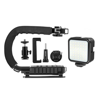 PULUZ U/C Shape Video Action Stabilizing Handle Grip Handheld Stabilizer Kit with Phone Clamp + LED Studio Light for Canon Sony Nikon Cameras and Home DV Camera Smartphones - style: stabilizer kits 2