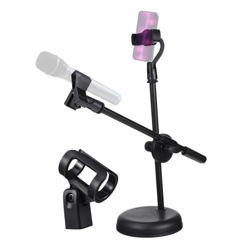 Luxshiny Desktop Mic Stand Adjustable Tabletop Microphone Stand with Mic Clip Holder Phone Clip Holder Metal Adapter Round Base for Home Recording Podcasting Broadcasting
