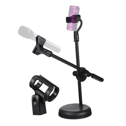 Luxshiny Desktop Mic Stand Adjustable Tabletop Microphone Stand with Mic Clip Holder Phone Clip Holder Metal Adapter Round Base for Home Recording Podcasting Broadcasting