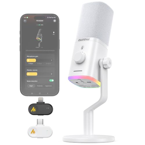 MAONO PD100W Wireless Dynamic Microphone for iPhone, Android & PC (White) | USB-C & Lightning Receivers, Noise Reduction,RGB Lighting, Software EQ, for Gaming, Streaming and Content Creation - color: White