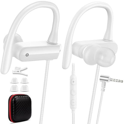 Wired Over Ear Earbuds with Microphone Ear Hook,3.5mm Headphones | Sport Earphones for Laptop/iPad/iPod/3.5mm Plug Phone,Noise Cancelling Headset for Chromebook/Switch/Galaxy/MP3 Running - color: White