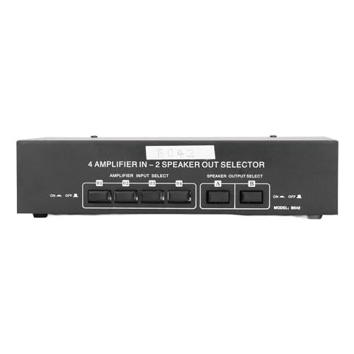Passive Selector Switch 4 Amplifier in 2 Speaker Out Audio Selector Box, Manual Button Switch for Stereo System, 300W per Channel, Aluminum Alloy Housing with Banana Plug