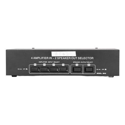 Passive Selector Switch 4 Amplifier in 2 Speaker Out Audio Selector Box, Manual Button Switch for Stereo System, 300W per Channel, Aluminum Alloy Housing with Banana Plug
