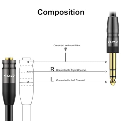 J&D 1/4 inch to 3.5mm Headphone Adapter, Heavy Duty Copper Shell Connecter Joint 3.5mm 1/8 inch Female TRS to 6.35mm Male TRS Stereo Audio Extension Cable (1 Feet) - size: 1 Feet
