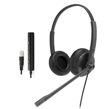 Yealink UH34 USB Wired Headset with Microphone for PC Laptop Desk Phone | Noise-Cancelling Microphone,Teams Certified, In-Line Controls for Home Office Online Class Zoom Meetings, Dual-ear headphones - style: Leather Cushion UH34