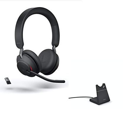 Jabra Evolve2 65 Wireless Headset USB Stereo MS w/Stand, Bluetooth Dongle, Compatible with Zoom, Webex, Skype, Smartphones, Tablets, PC/MAC, 26599-999-989, Global Teck Gold Support Plan Included - color: USB-A (Black), style: Evolve2 65 STEREO-STAND