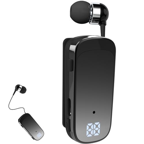 Retractable Wireless Headset Headphone Stereo Earphone V5.0 Noise Cancelling Mic Clip on Earpiece Comfortable HandsFree Headset 20Hrs Talking Time Sports Business Trucker Driver Earbud - color: Black