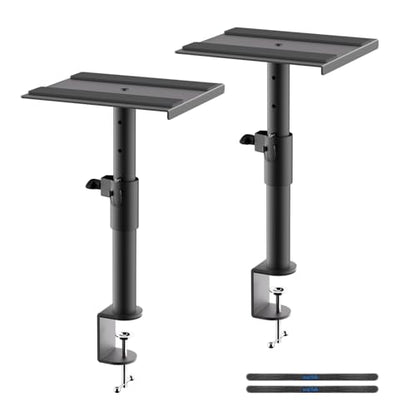 suptek Clamp-on Speaker Stand Desk Mount Set, Height Adjustment, Swivel, 9.6 x 8.8 inch Trays, Universal Audio Holders for Bookshelf Speakers, Elevated Sound, 2 Pack, Black, SDM001G - color: Black, size: Fixed Speaker Stands
