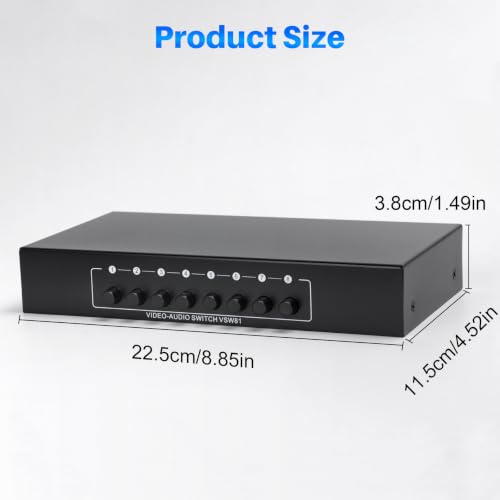 RCA Switch 8 in 1 Out Composite Video Audio AV Selector Switcher Box | Plug & Play 8-Way RCA AV Switcher 8x1 for PS2 PS3 Wii Xbox HDTV DVD Game Consoles - size: 8 IN 1 OUT