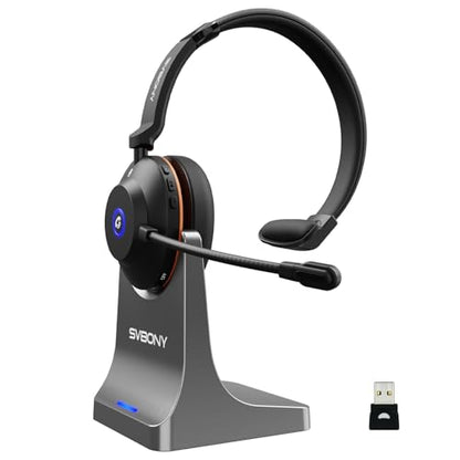 SVBONY SVN H1 Wireless Headset with Mic for Work | Bluetooth Headset with Joystick Mute and ENC Noise Cancelling,USB Dongle, Charging Base for Call Center, Computer