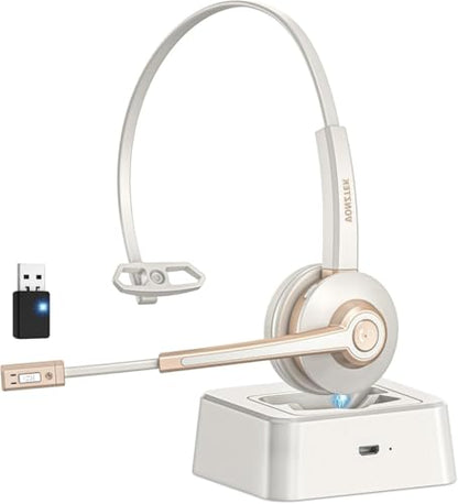 Wireless Headset with Mic, Bluetooth Headset with Microphone V5.2 with AI Noise Canceling & USB Dongle, Trucker Bluetooth Headset with Charging Base and Mute Function for Computer/Phone/Office/Skype