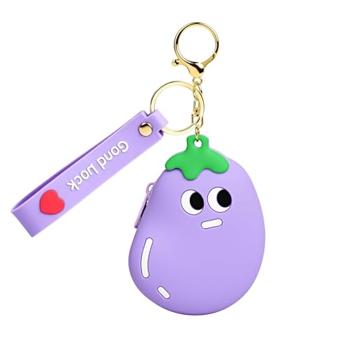 【Woyinger】 Fruit Shaped Silicone Earbud Case for AirPods, Tech Organizer Pouch with Keychain & Wrist Strap, Mini Cable Coin Wired/Wireless Earphone Holder, Eggplant - color: A2-Eggplant