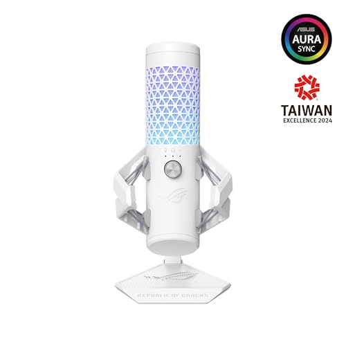 ASUS ROG Carnyx USB Gaming Microphone (25mm Condenser Capsule, 192kHz/24-bit, Cardioid, high-Pass Filter, Built-in pop Filter, Metal Shock Mount, one-Touch Mute, Aura Sync RGB)- Moonlight White