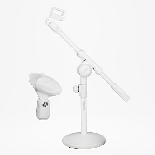 5 Core Desk Microphone Stand Adjustable Round Base with Boom Arm, 3/8'' and 5/8/'' Threaded Mount and Mic Holder for Kick Drums Guitar Amps White - MSSB W