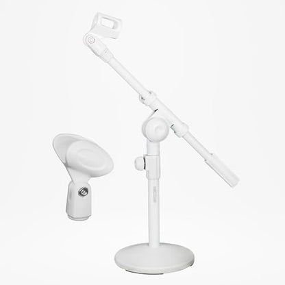5 Core Desk Microphone Stand Adjustable Round Base with Boom Arm, 3/8'' and 5/8/'' Threaded Mount and Mic Holder for Kick Drums Guitar Amps White - MSSB W
