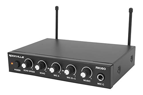 Rockville RKI60 Dual UHF Wireless Microphone Karaoke Interface and Mixer | 2 UHF Mics, 8 Frequencies, 200 Ft Range, Optical/Coax/Aux Inputs, 1/4" Mix Output, Echo Control, Cables Included - style: W/O Bluetooth