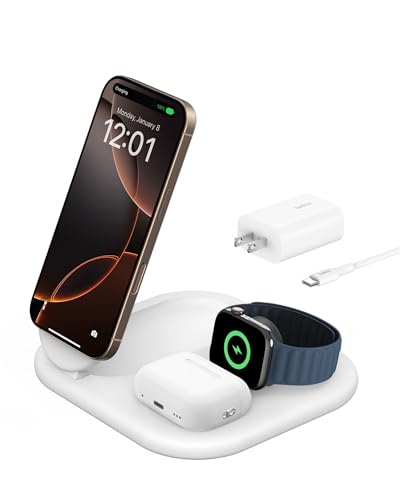 Belkin Qi2 Magnetic Wireless Charging Station, 3 in 1 Foldable Charger | MagSafe compatible, Apple Watch, AirPods, Qi2 certified, wireless charging station, travel stand - color: White