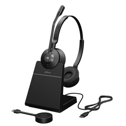 Jabra Engage 55 SE (Second Edition) Dual-Ear Wireless Headset w/Charging Stand and Link 400 USB-C DECT Adapter – Works with All UC Platforms Like Google Meet & Zoom, Black